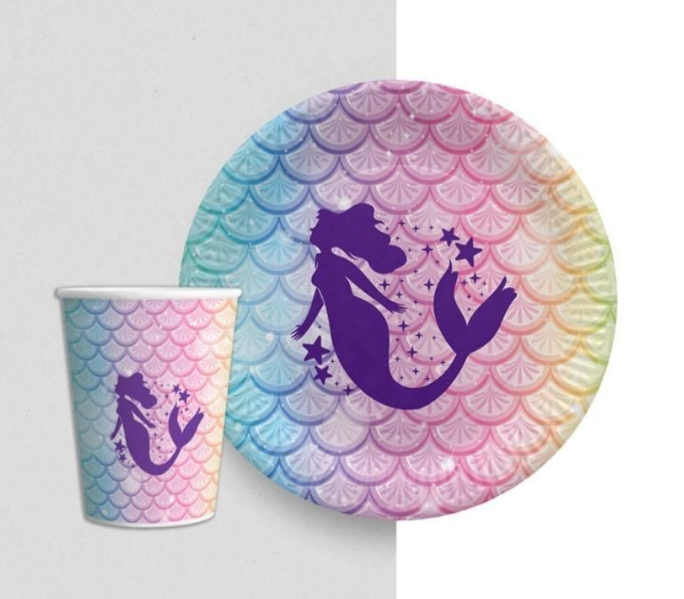 Renkli Deniz Kızı Karton Tabak Bardak (8 adet)